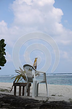 A chair awaits for you to enjoy waves in beach photo
