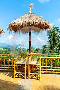 chair on balcony with ocean sea viewpoint background in Thailand