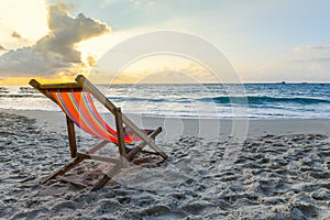 Chair beach on sand in the summer vacation nature travel beautiful summer landscape with - Tropical Holiday sunset or sunrise on