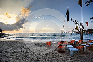 Chair beach on sand in the summer vacation nature travel beautiful summer landscape with - Tropical Holiday sunset or sunrise for