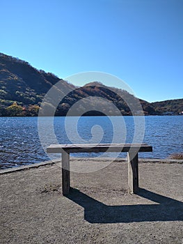 Chair bench in front of haruna lake japan