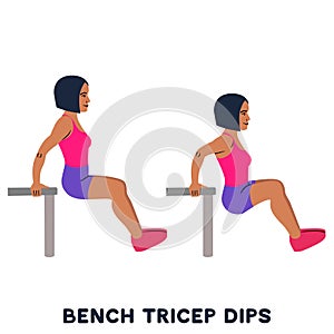 Chair. Bench triceps dips. Sport exersice. Silhouettes of woman doing exercise. Workout, training