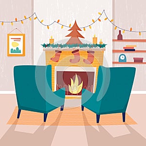 Chair and christmas fireplace