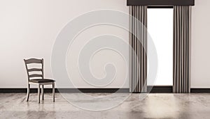 A chair on concrete polished floor with white wall and isolated window, 3d rendered
