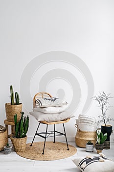 chair, decorative pillows and plants in apartment with bohemian style