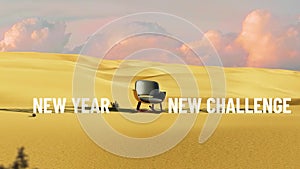 A chair in desert with motivational text. New Year New challenges