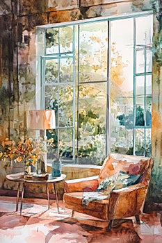 A chair is in front of a window with a lamp on a table