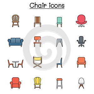 Chair & Furniture color line icon set