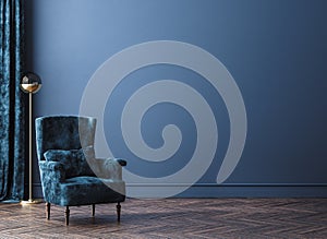 Chair with lamp in living room interior, dark blue wall mock up background