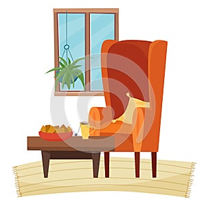 Chair in livingroom with table and food.