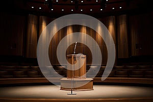 A chair with a microphone in a large concert hall. Speaker's rostrum in a huge hall, spotlight illumination