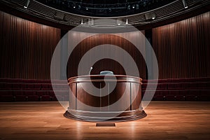 A chair with a microphone in a large concert hall. Speaker's rostrum in a huge hall, spotlight illumination