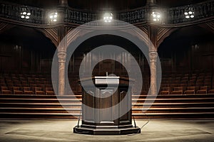 A chair with a microphone in a large concert hall. Speaker's rostrum in a huge hall, spotlight illumination