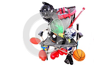 Chair packed with sports equipment