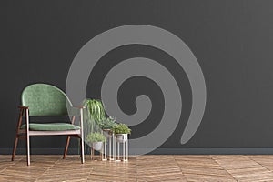 Chair with plants in living room interior, black wall mock up background