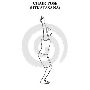 Chair pose yoga workout. Utkatasana. Man doing yoga illustration outline