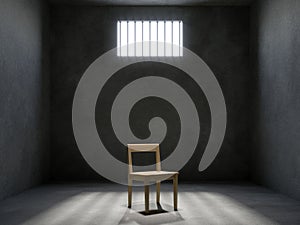 chair in prison cell with light shining through a barred window, 3d photo