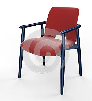 Chair with red leather seat and blue legs on white background.