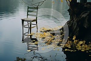 a chair is sitting on the edge of a body of water