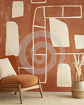 A chair is sitting in front of a wall with a brown and white pattern