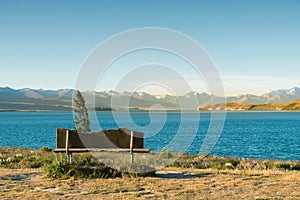 Chair sitting over Tekapo lake view with Mt.Cook background