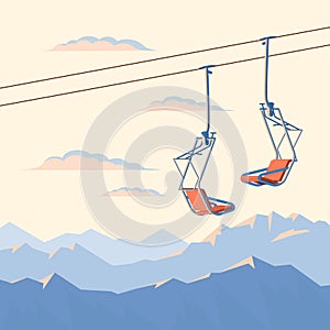 Chair ski lift for mountain skiers and snowboarders moves in the air on a rope on the background of winter snow capped mountains