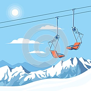 Chair ski lift for mountain skiers and snowboarders moves in the air on a rope on the background of winter snow capped mountains photo