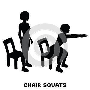 Chair squats. Squat. Sport exersice. Silhouettes of woman doing exercise. Workout, training