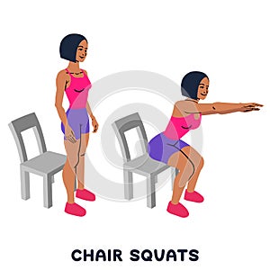 Chair squats. Squat. Sport exersice. Silhouettes of woman doing exercise. Workout, training photo