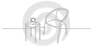 Chair and table with home plant in Continuous one line drawing. Interior living room with furniture in simple linear
