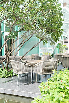 chair and table with outdoor deck