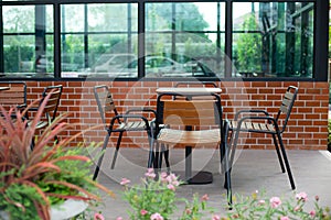 Chair and table set, outside. Wooden garden furniture