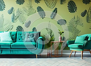 Chair and turquoise sofa in green living room interior with leaves wallpaper. Generative AI