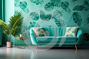 Chair and turquoise sofa in green living room interior with leaves wallpaper and table