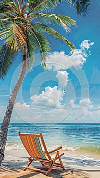 Chair under palm tree on beach, azure water, blue sky