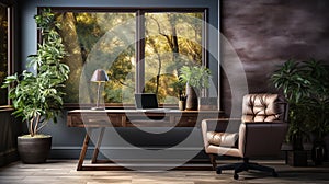 Chair at wooden table with computer monitor and plants in grey spacious home office interior. ai