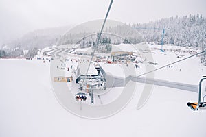 Chairlift from the mountain of the ski resort Kolasin 1600. Montenegro