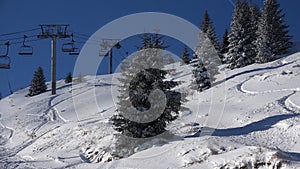 Chairlift, Ski Lift in Alps, Alpine Cable Car, Winter Sports, Tourists Skiing