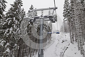 Sedačková lanovka v lyžiarskom stredisku. Roháče - Spálená, Západné Tatry. Slovensko