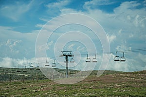 Chairlift towers and cables over hilly landscape