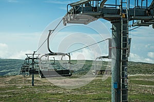 Chairlift towers and cables over hilly landscape