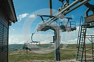 Chairlift towers and cables over hilly landscape