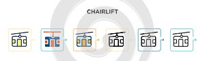 Chairlift vector icon in 6 different modern styles. Black, two colored chairlift icons designed in filled, outline, line and