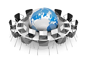 Chairs around a Table with the Earth Globe in the middle. 3d Rendering