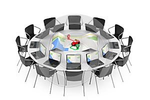 Chairs around a Table with Toy Taxi from above of Abstract Navigation Map in the middle. 3d Rendering