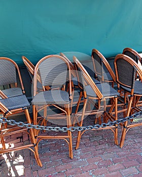 Chairs collected and tied up for the night after the dinner shift