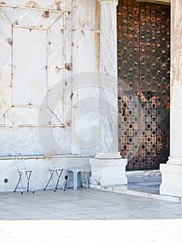 Chairs at Copper Door Entrance to Dome of the Rock Mosque Jerusalem