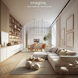 chairs, grey carpet, hanging lamp and ceiling lights. 3d rendering condominium showcase scene.