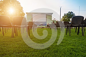 Chairs on the lawn for watching a movie in a summer cinema