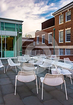 Chairs outside a building at John Hopkins University in Baltimore, Maryland.